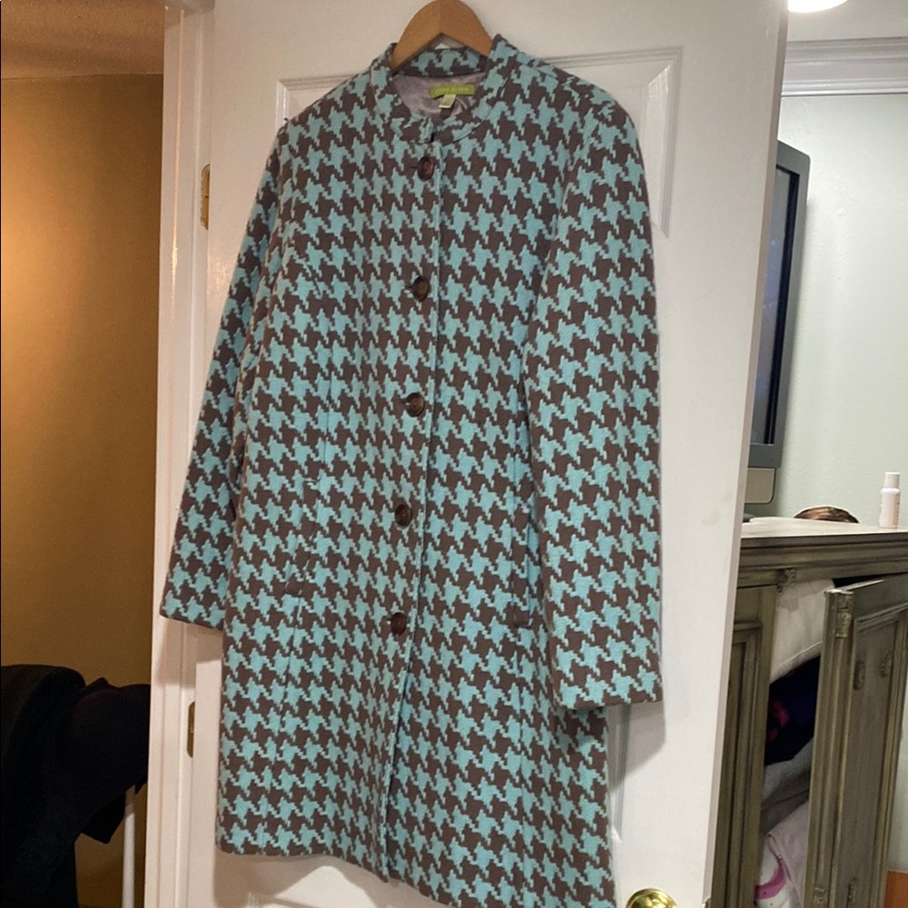 SIGRID OLSEN turquoise and brown houndstooth wool coat.